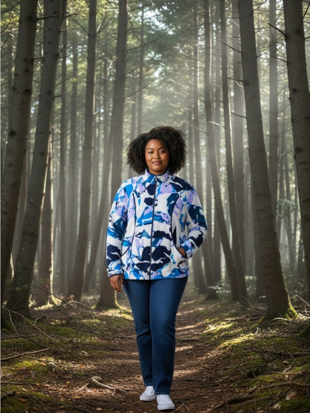 Versatile Fleece Full Zip-up Abstract Jacket. Drawstring Waist.